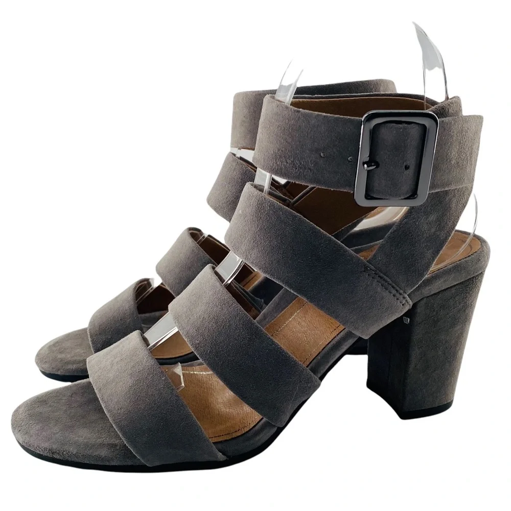 NEW Vionic Blaire Gray Suede Leather Peep Toe Block Heel Sandals - Picture 2 of 13